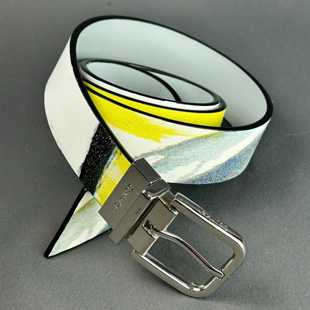 Calvin Klein Leather 1.25" White Yellow Graphic Belt Size L Silver Tone Buckle - Picture 8 of 16